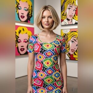 VTG Express Tricot Abstract Phicodelic Mini Dress Dopamine Pop Artsy LG